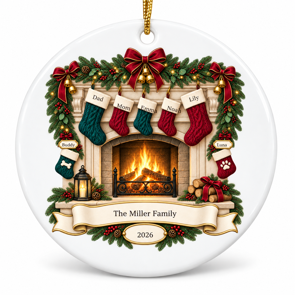 OF05 personalized round ceramic ornament - sample names - studio mockup