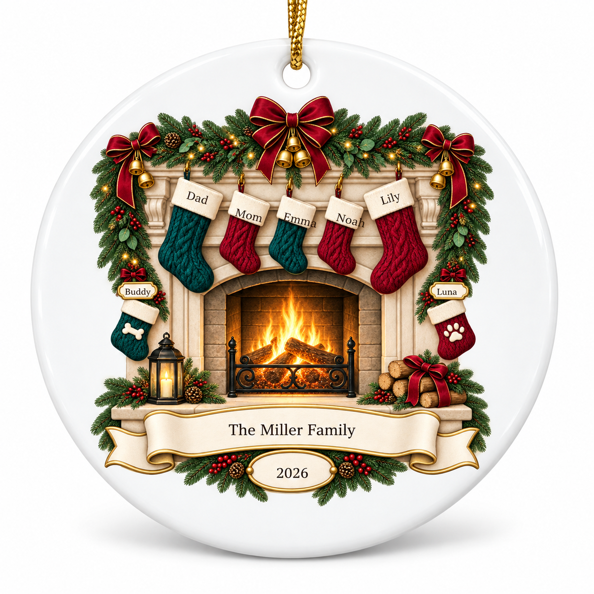 OF05 personalized round ceramic ornament - sample names - studio mockup