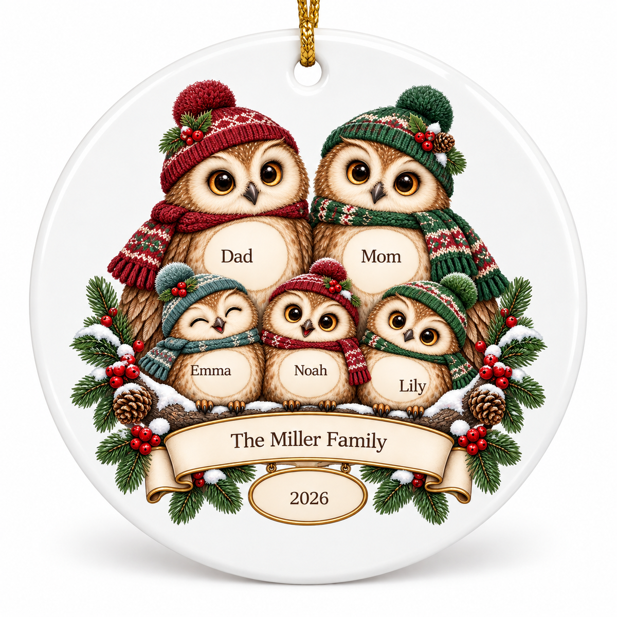 OF07 personalized round ceramic ornament - sample names - studio mockup