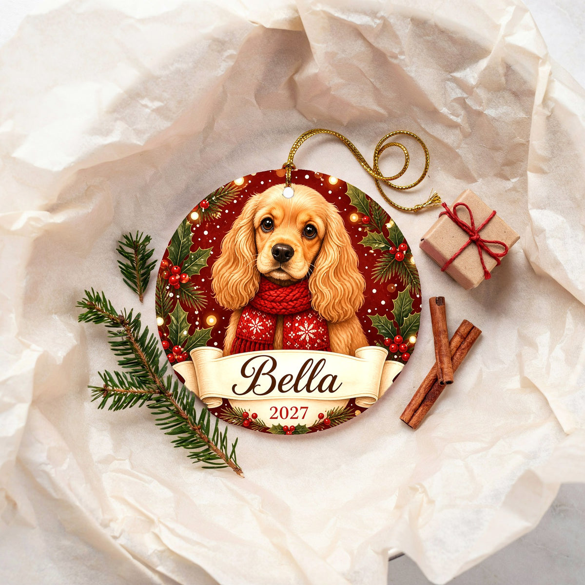 Personalized Cocker Spaniel Christmas Ornament Custom Dog Name Gift