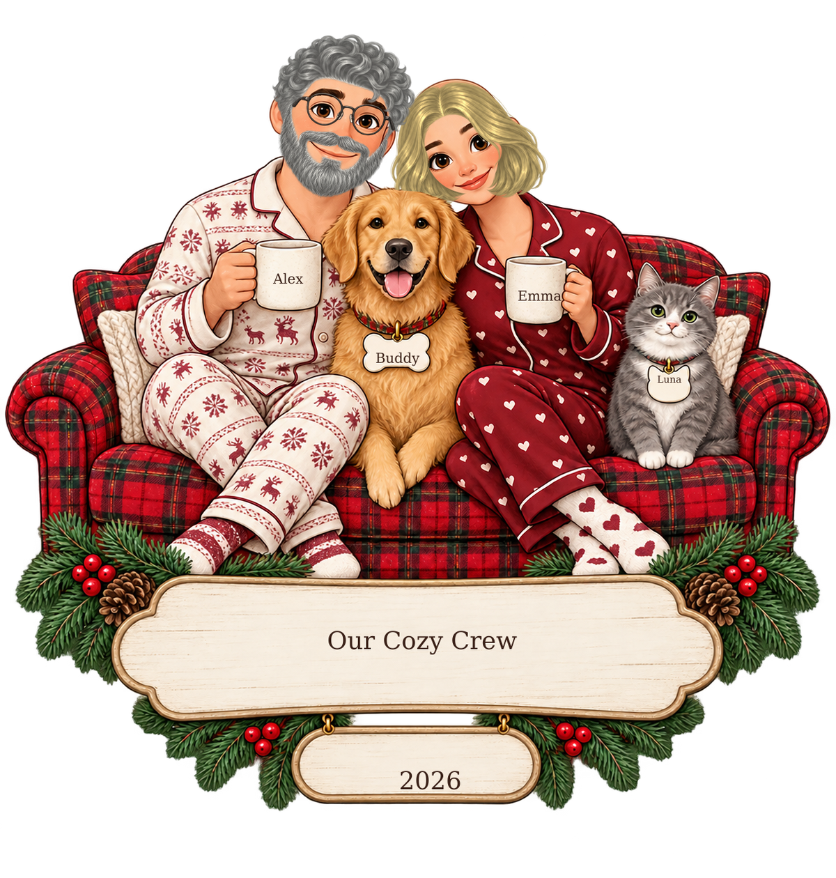 Personalization artwork example: curly gray hair, full gray beard, round glasses, and blonde bob. Flat artwork shown; select your own details in the live preview.