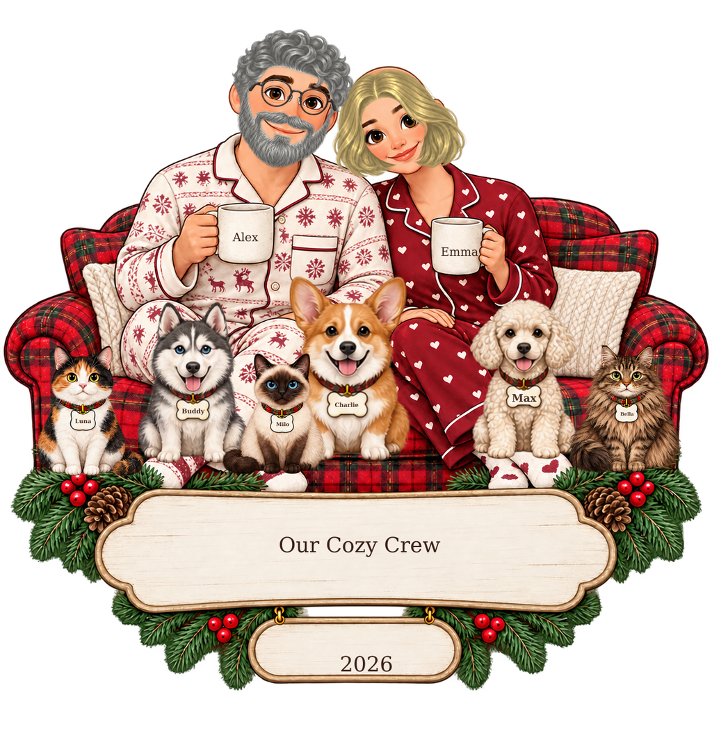 Flat custom artwork example: 3 dogs and 3 cats seated on the sofa and laps, each name printed on its collar tag. Choose your pets in the live preview.