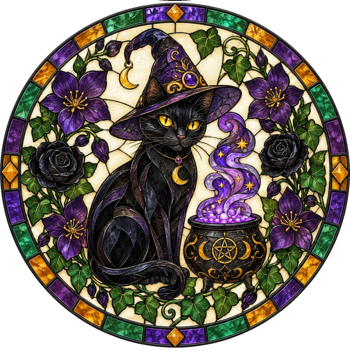 Black Cat Stained Glass Suncatcher Window Hanging Ornament