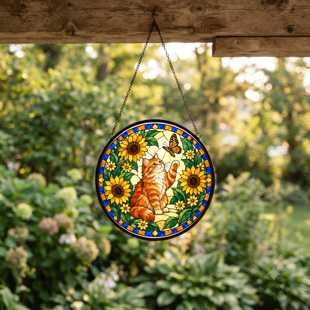 Curious Tabby Cat Suncatcher, Sunflower Garden Glass Hanging Ornament