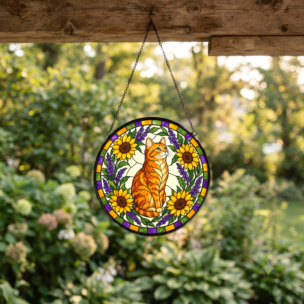 Sunlit Garden Tabby Suncatcher, Glass Cat Window Hanging Ornament