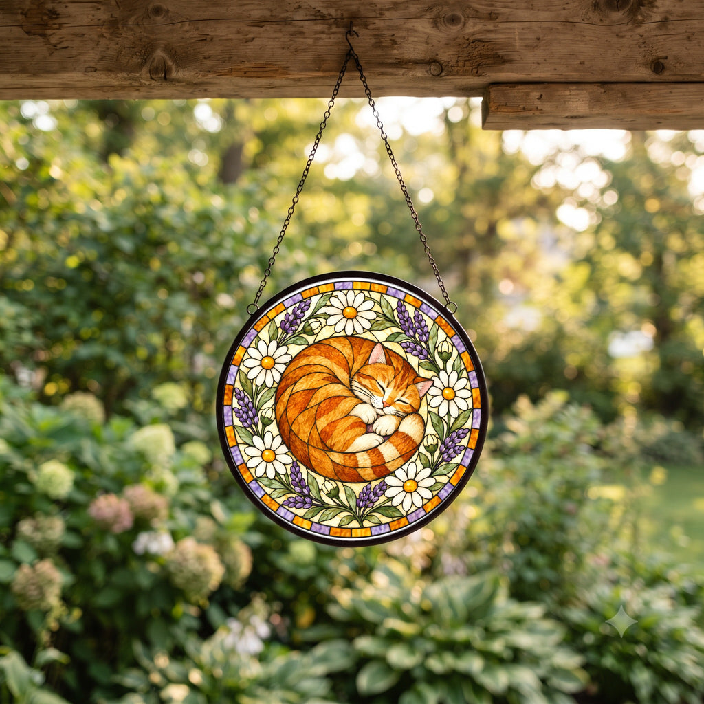 Sunlit Nap Sleeping Tabby Suncatcher, Hanging Glass Window Ornament