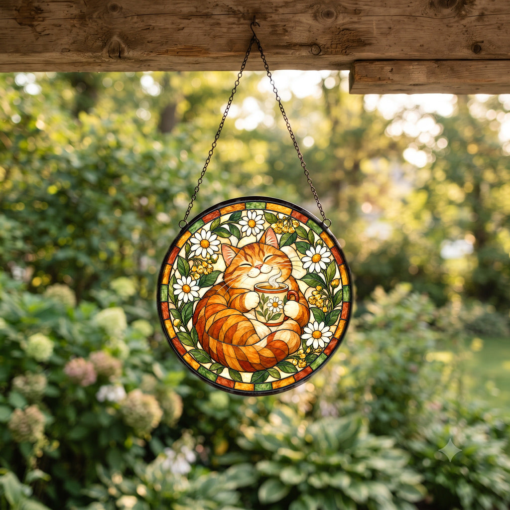 Cozy Cat Morning Brew Suncatcher, Hanging Glass Window Ornament