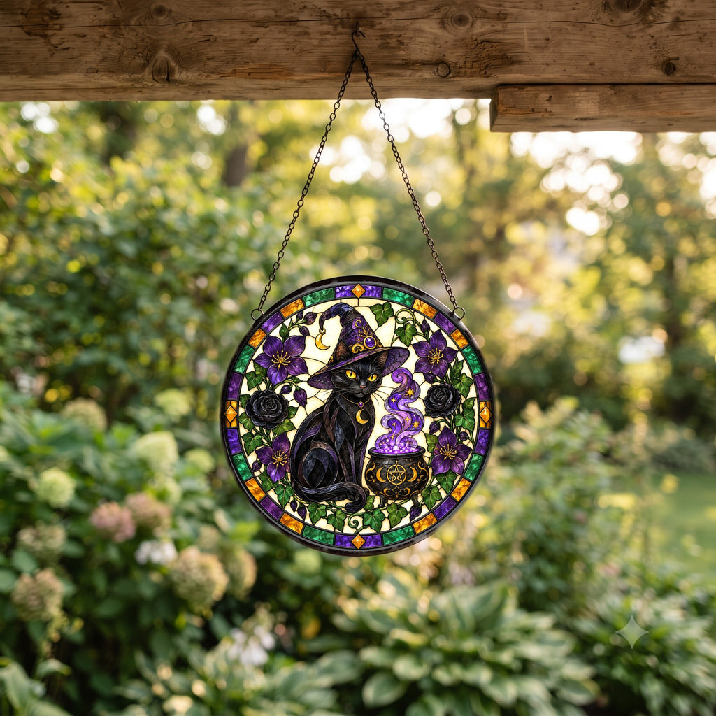 Black Cat Stained Glass Suncatcher Window Hanging Ornament