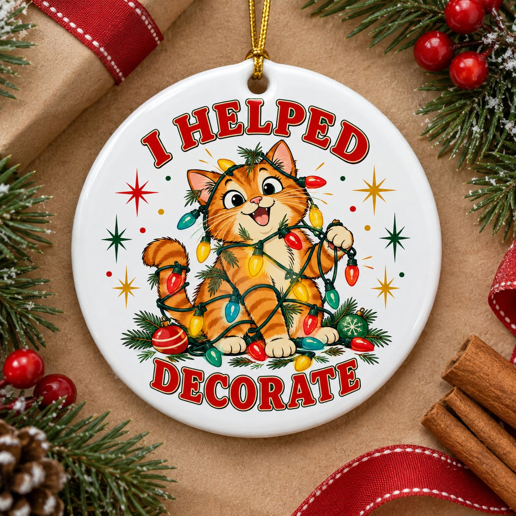 Tangled Tabby Tree Helper Ceramic Christmas Ornament, Cat Decor