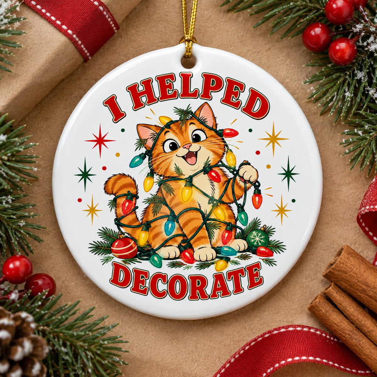 Tangled Tabby Tree Helper Ceramic Christmas Ornament, Cat Decor
