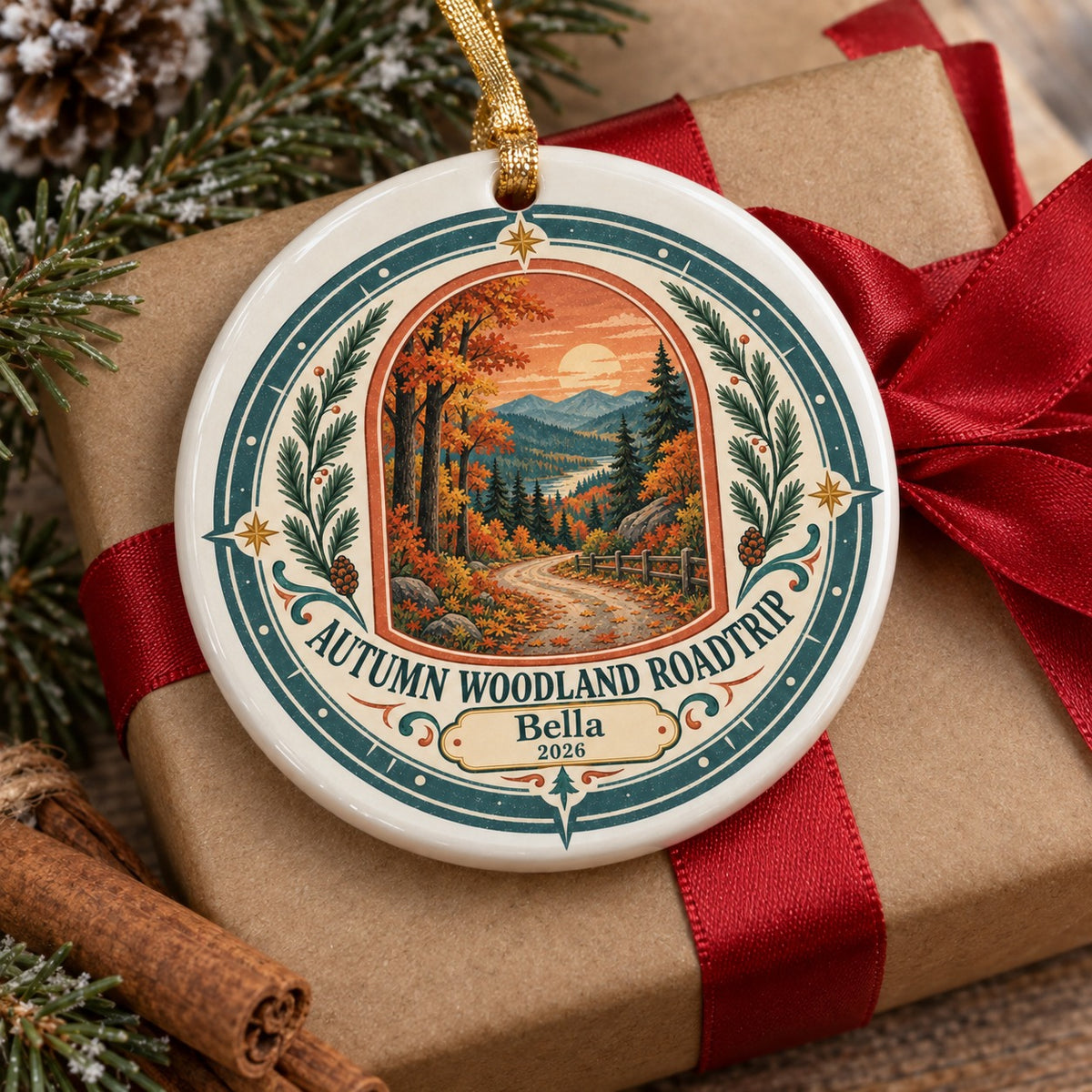 Autumn Woodland Roadtrip Ceramic Ornament, Bella 2026 Travel Keepsake