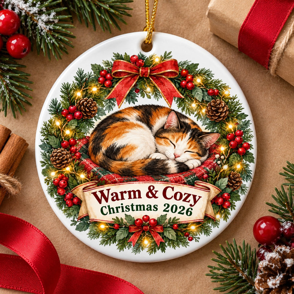 Sleeping Cat Wreath Keepsake Ceramic Christmas Ornament
