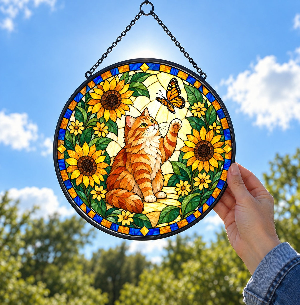 Curious Tabby Cat Suncatcher, Sunflower Garden Glass Hanging Ornament