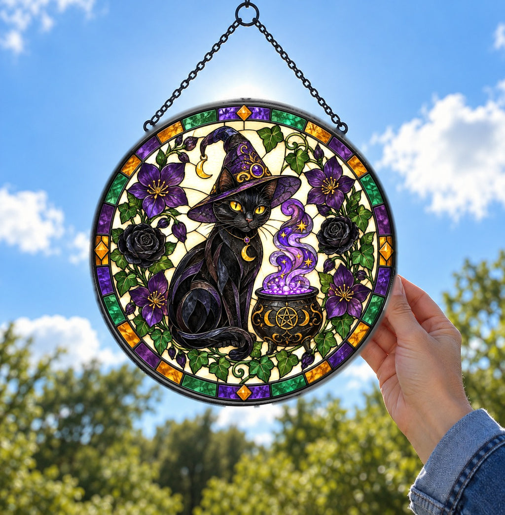 Black Cat Stained Glass Suncatcher Window Hanging Ornament