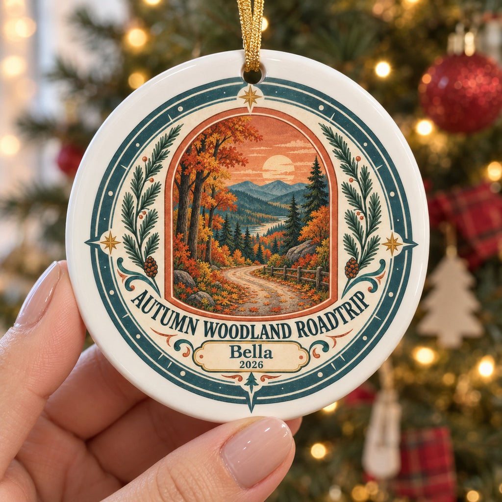 Autumn Woodland Roadtrip Ceramic Ornament, Bella 2026 Travel Keepsake