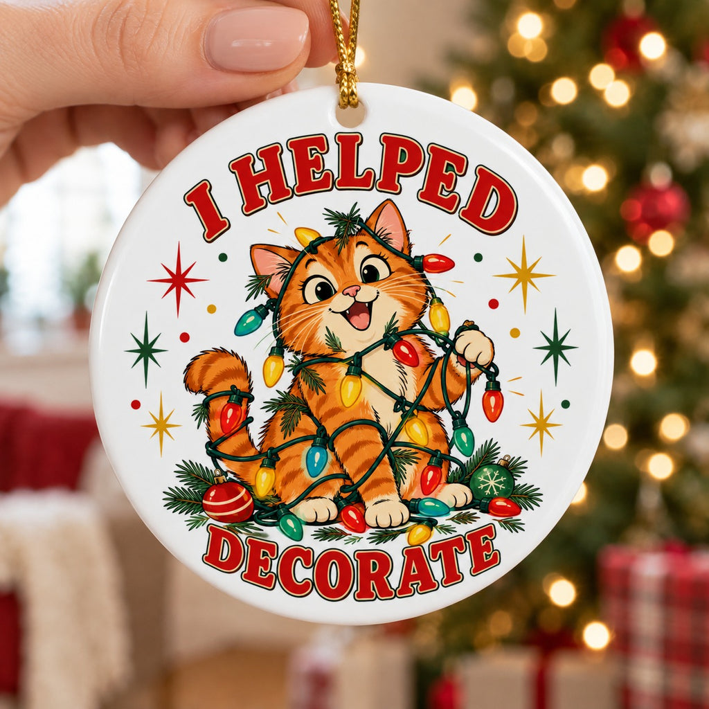 Tangled Tabby Tree Helper Ceramic Christmas Ornament, Cat Decor