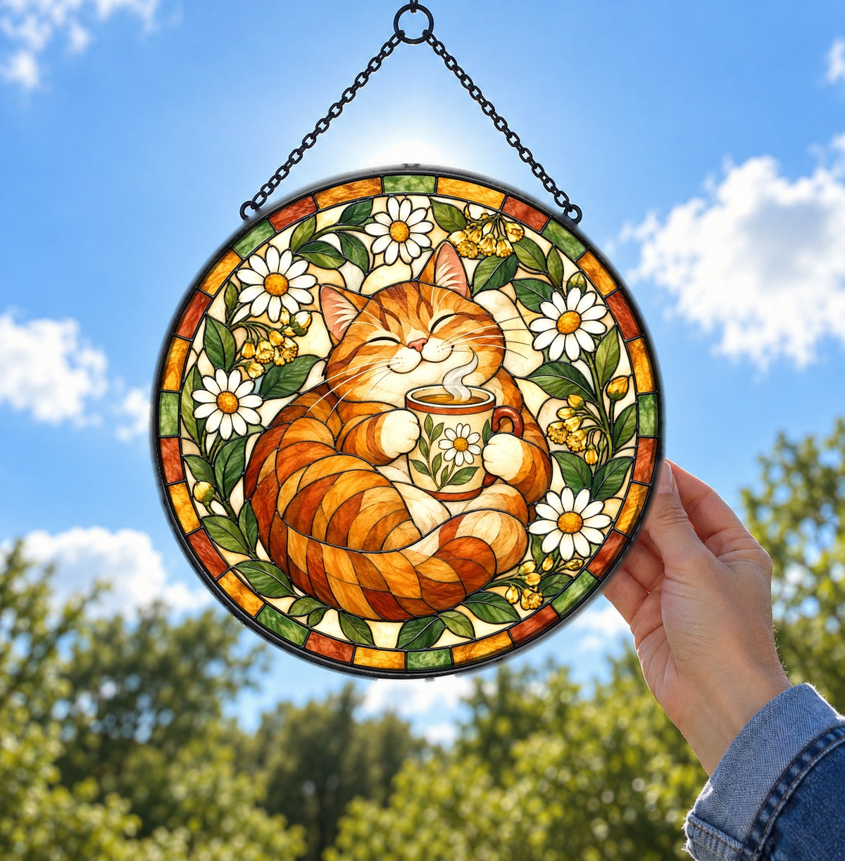 Cozy Cat Morning Brew Suncatcher, Hanging Glass Window Ornament