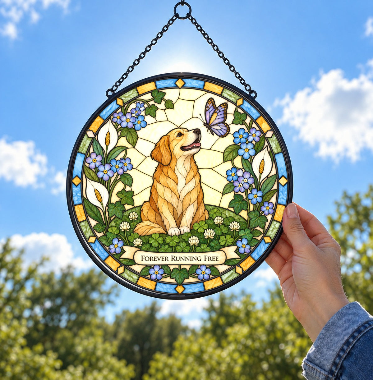 Peaceful Meadow Dog Memorial Suncatcher Glass Window Ornament