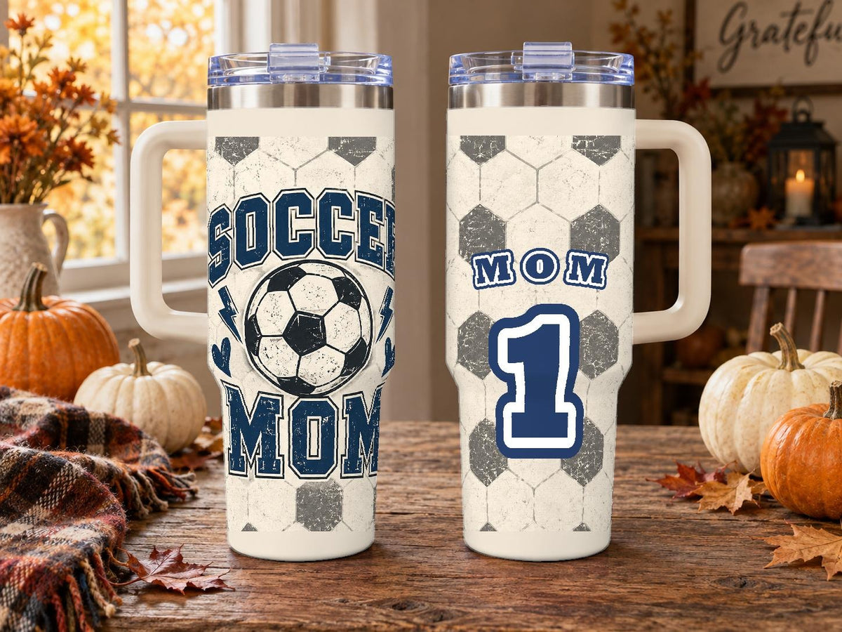 Soccer Mom 40 oz Tumbler with Handle and Straw Retro Varsity Design