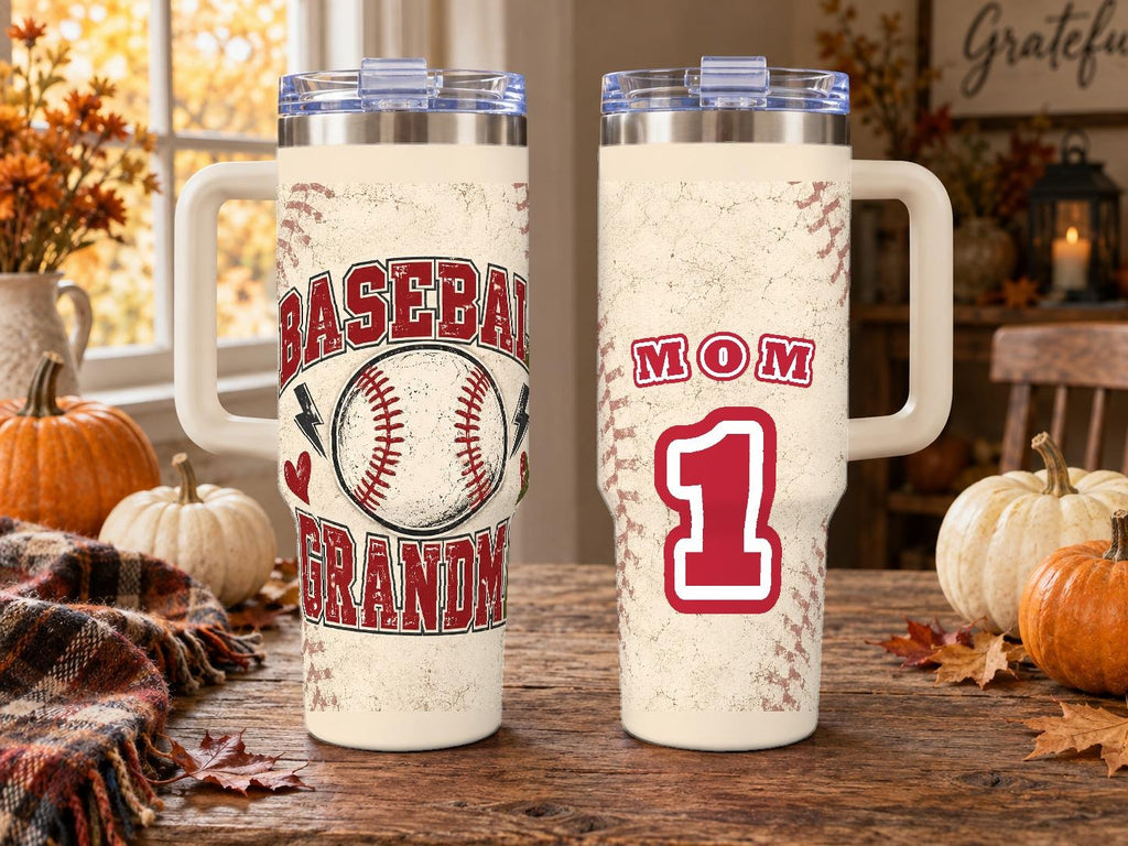 Baseball Grandma 40 oz Tumbler with Handle and Straw, Retro Varsity