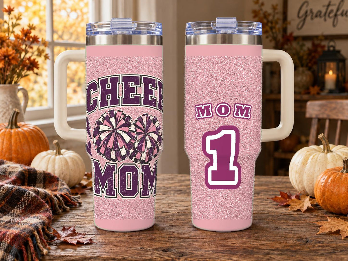 Cheer Mom 40 oz Tumbler with Handle and Straw, Retro Varsity Style