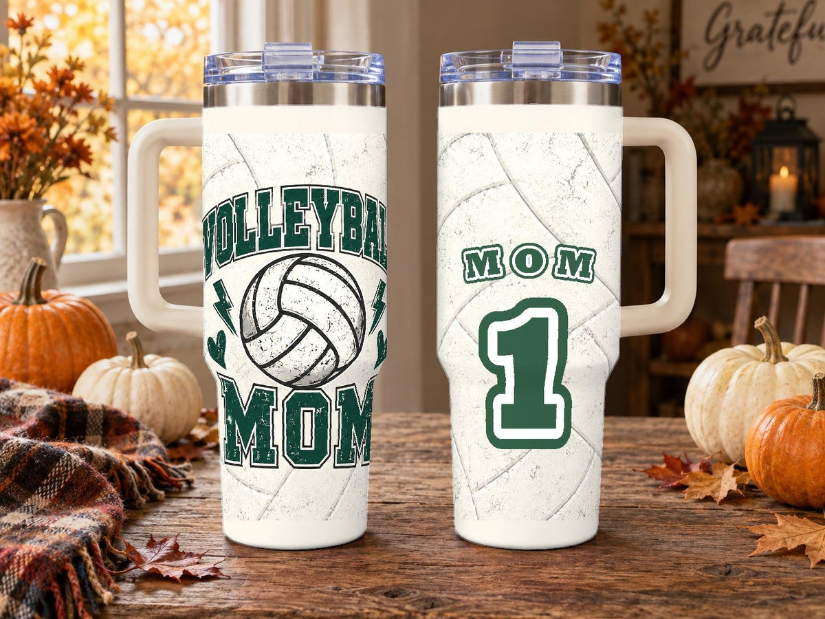 Volleyball Mom 40 oz Tumbler with Handle and Straw, Retro Varsity Design