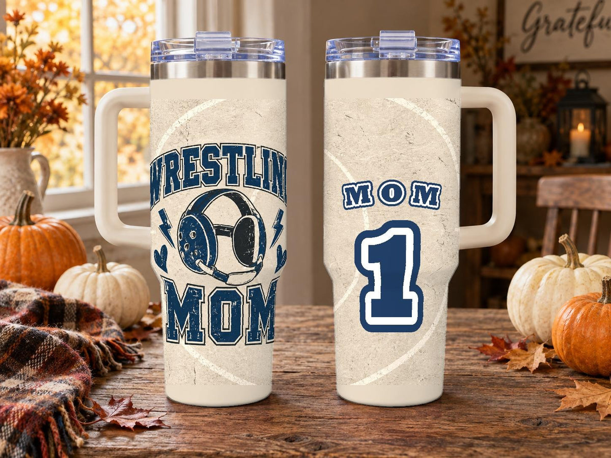 Wrestling Mom 40 oz Tumbler with Handle and Straw, Retro Varsity