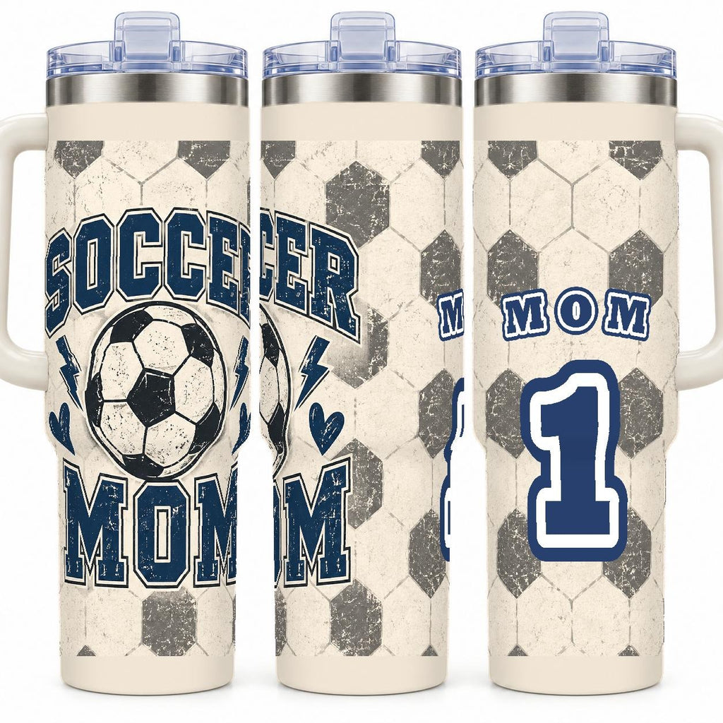 Soccer Mom 40 oz Tumbler with Handle and Straw Retro Varsity Design