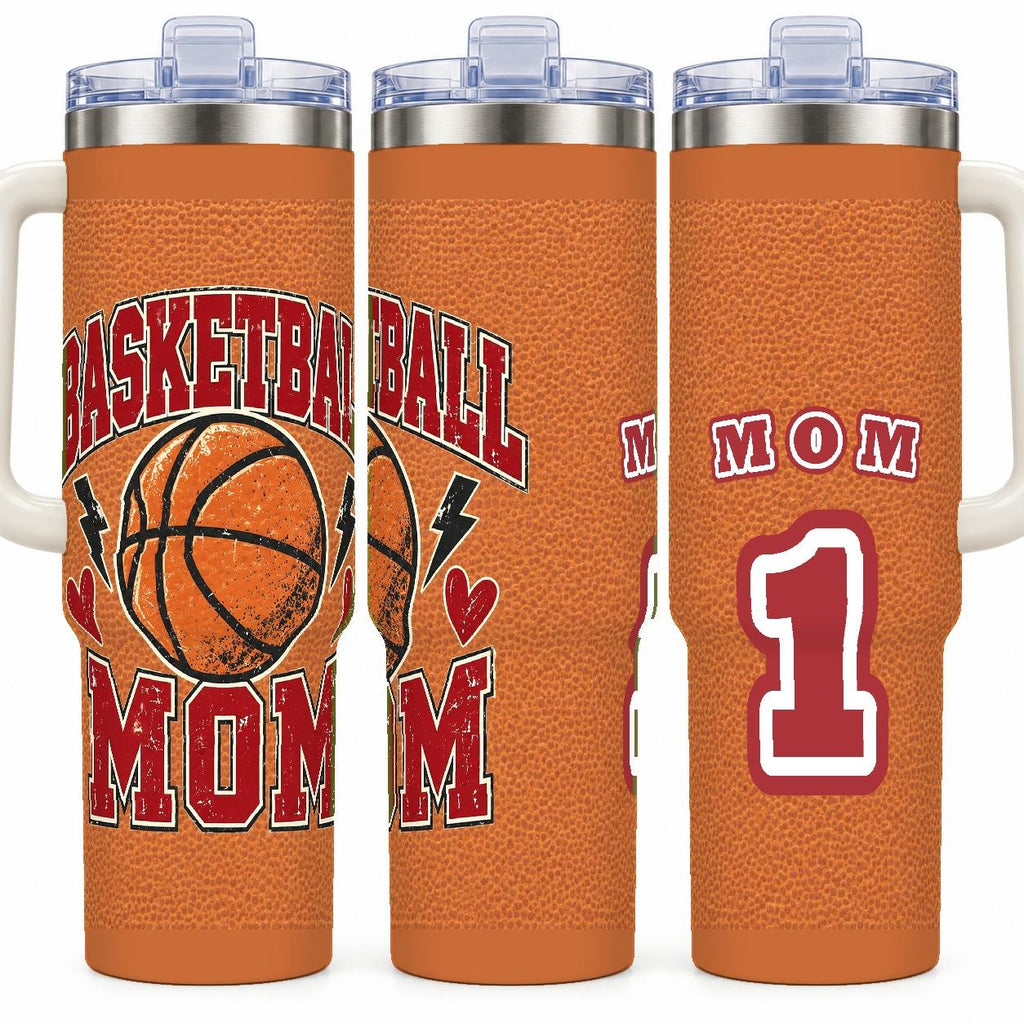Basketball Mom 40 oz Tumbler with Handle and Straw, Retro Varsity