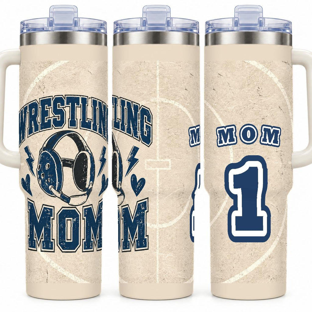 Wrestling Mom 40 oz Tumbler with Handle and Straw, Retro Varsity