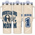 Wrestling Mom 40 oz Tumbler with Handle and Straw, Retro Varsity
