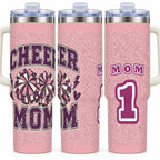 Cheer Mom 40 oz Tumbler with Handle and Straw, Retro Varsity Style