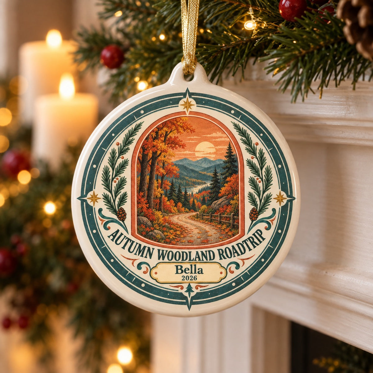 Autumn Woodland Roadtrip Ceramic Ornament, Bella 2026 Travel Keepsake