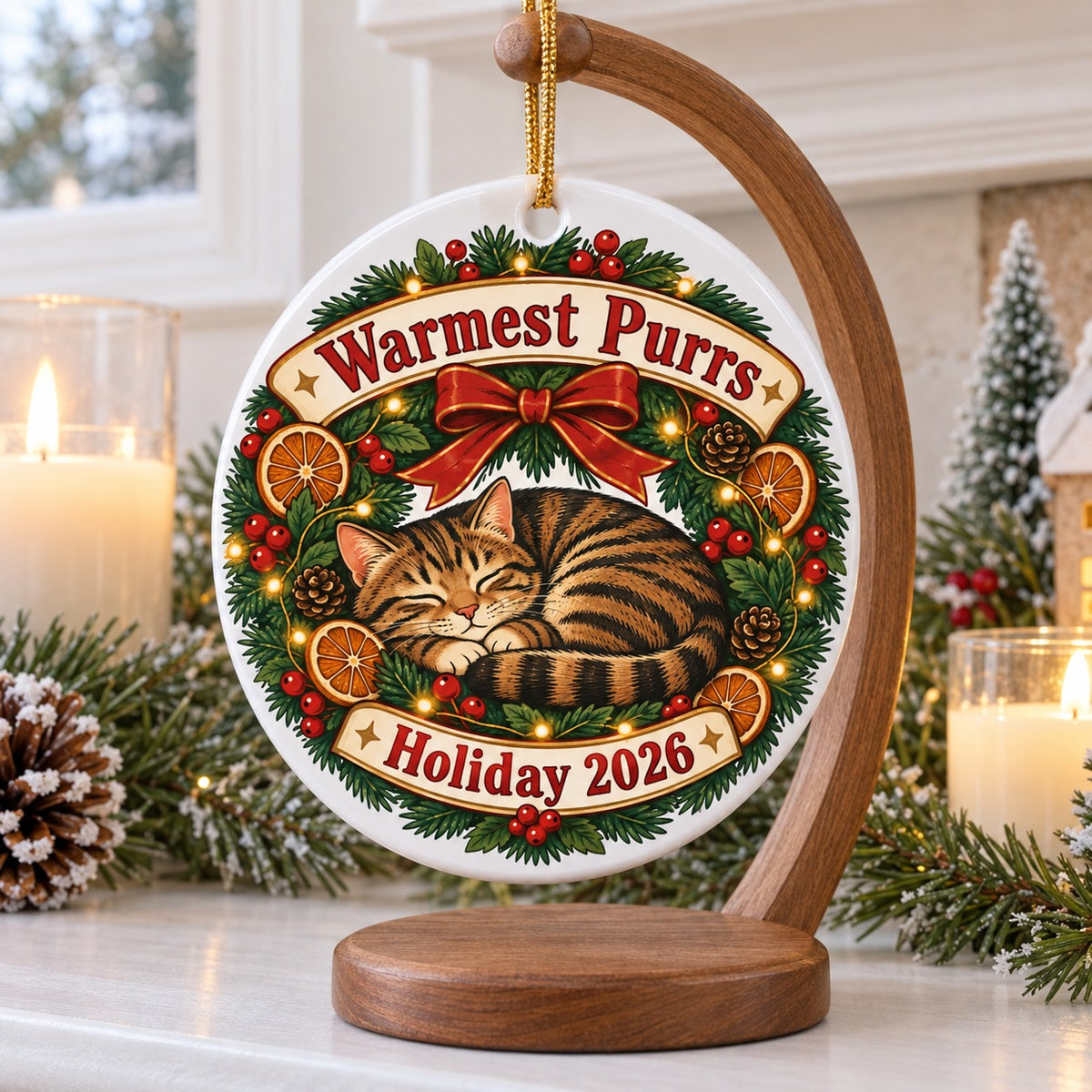 Cozy Cat Wreath Christmas Ornament, Tabby Holiday 2026 Keepsake