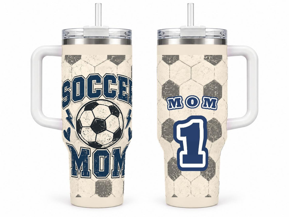Soccer Mom 40 oz Tumbler with Handle and Straw Retro Varsity Design