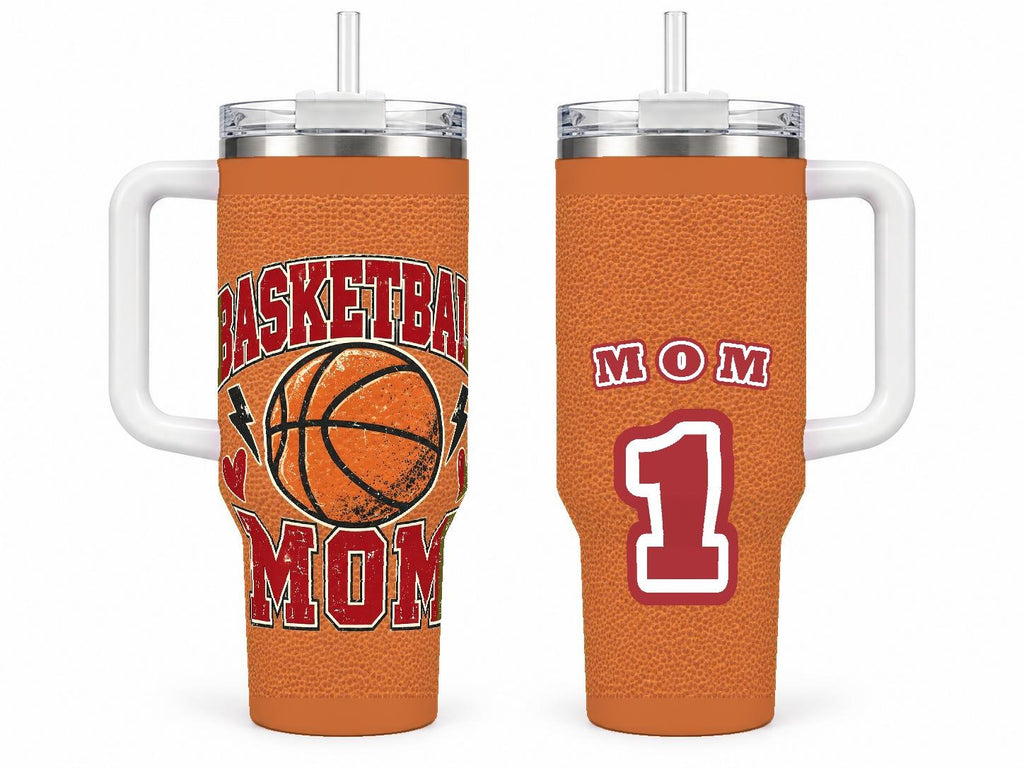 Basketball Mom 40 oz Tumbler with Handle and Straw, Retro Varsity