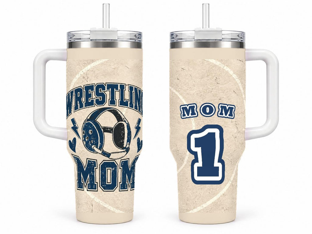 Wrestling Mom 40 oz Tumbler with Handle and Straw, Retro Varsity