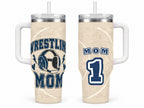 Wrestling Mom 40 oz Tumbler with Handle and Straw, Retro Varsity