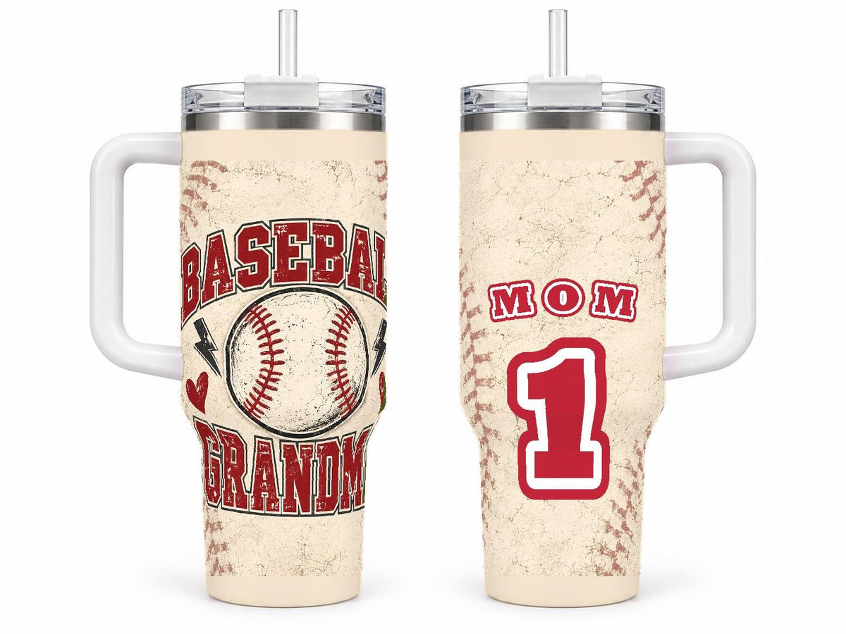 Baseball Grandma 40 oz Tumbler with Handle and Straw, Retro Varsity