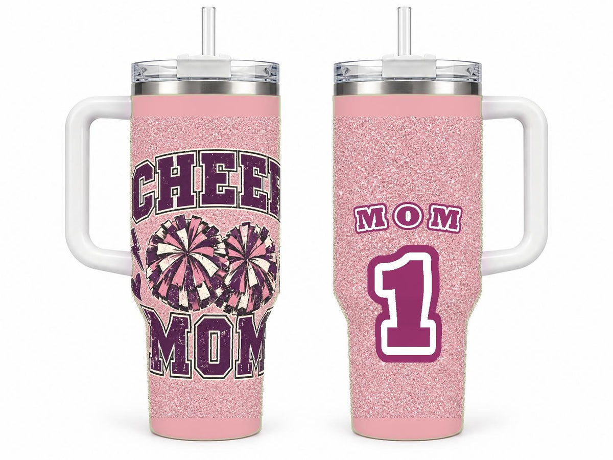 Cheer Mom 40 oz Tumbler with Handle and Straw, Retro Varsity Style