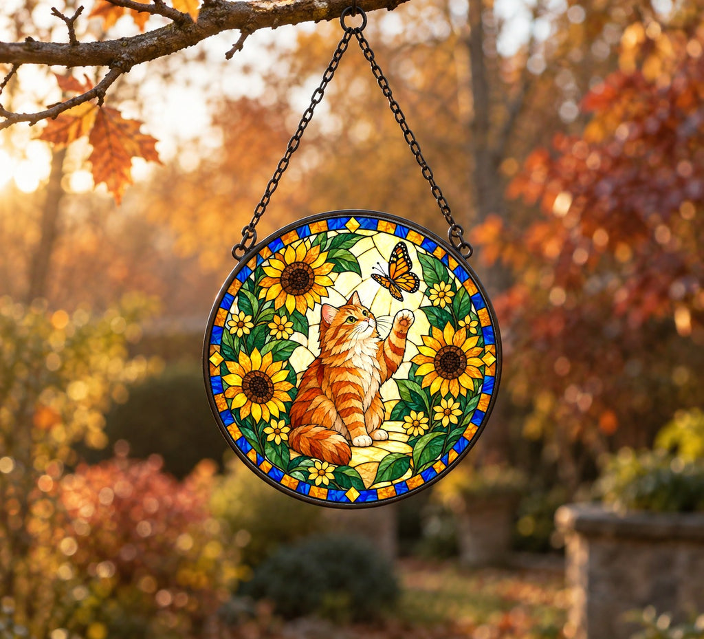 Curious Tabby Cat Suncatcher, Sunflower Garden Glass Hanging Ornament