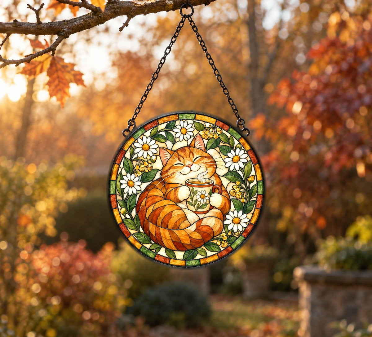 Cozy Cat Morning Brew Suncatcher, Hanging Glass Window Ornament