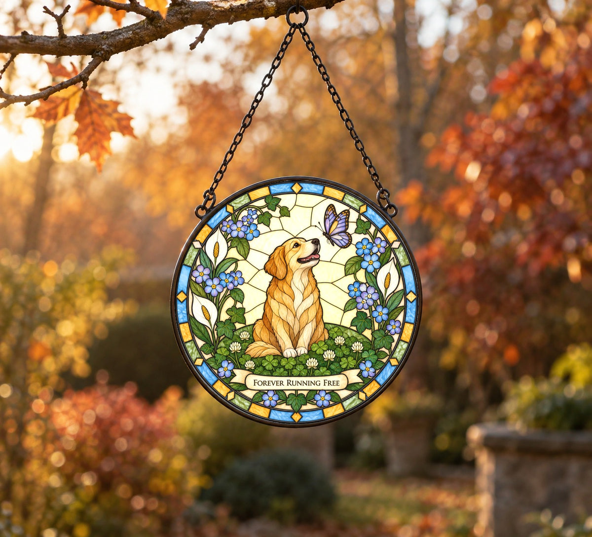 Peaceful Meadow Dog Memorial Suncatcher Glass Window Ornament