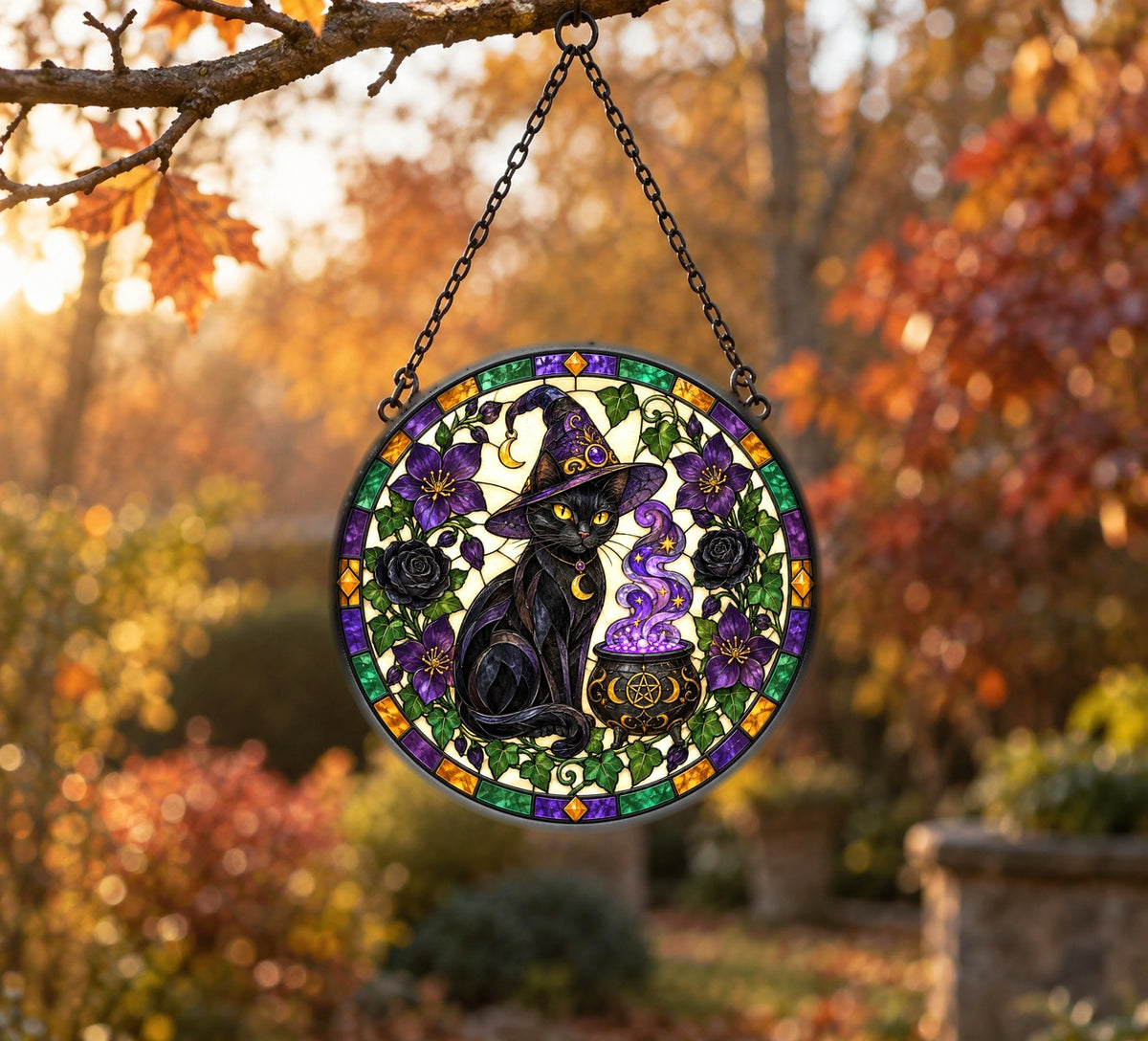 Black Cat Stained Glass Suncatcher Window Hanging Ornament