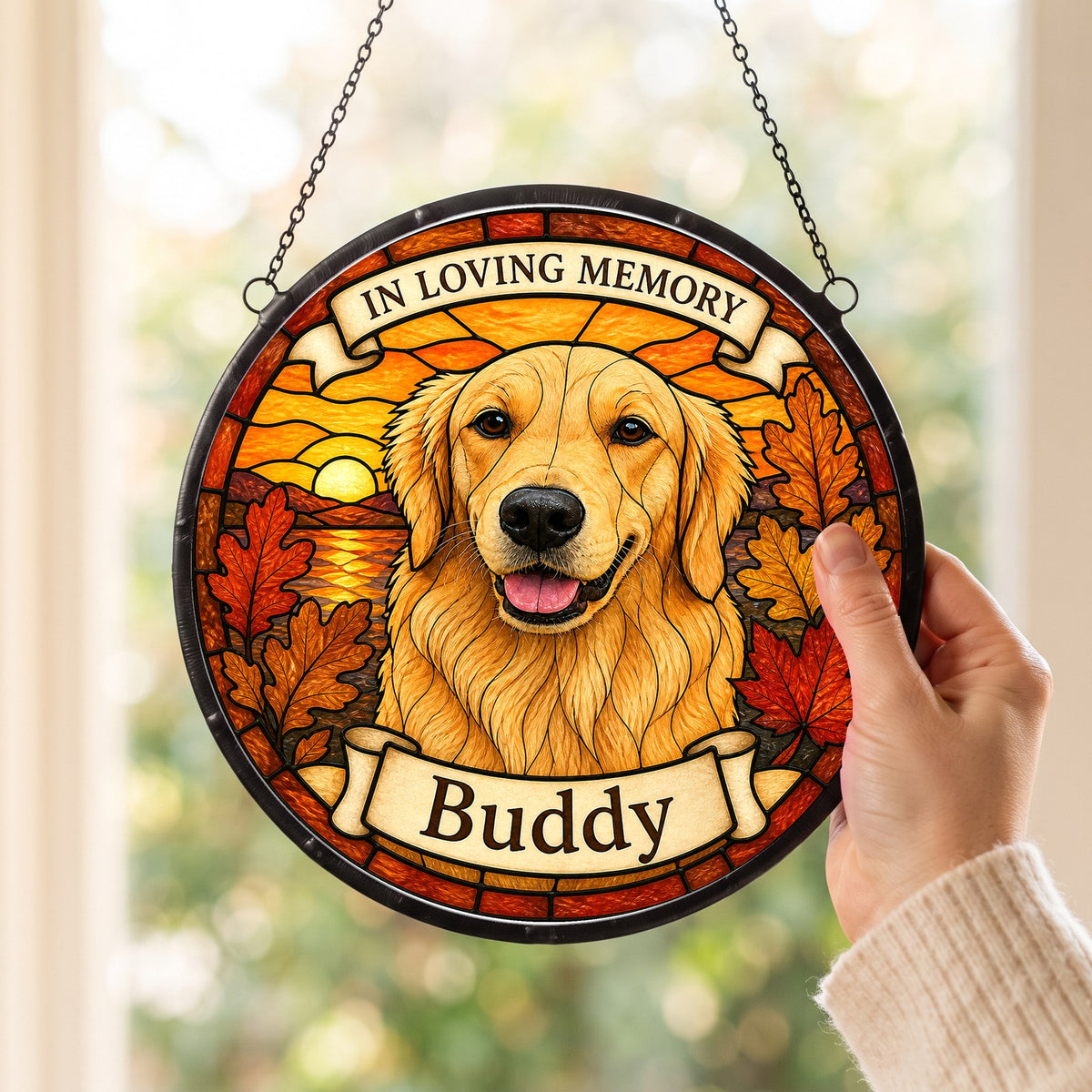 Custom Pet Suncatcher from Photo - Autumn Leaves Memorial