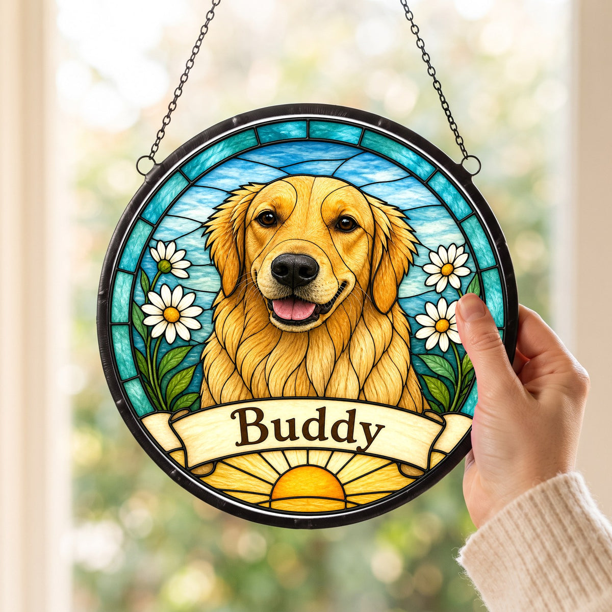 Custom Pet Portrait Suncatcher from Photo - White Daisies
