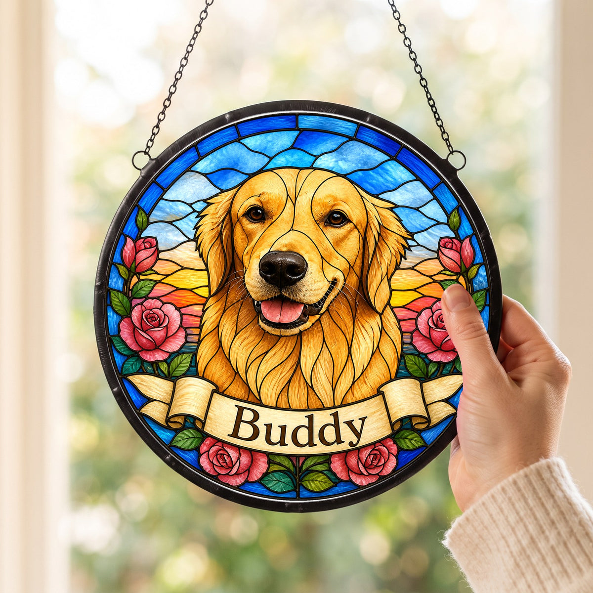Custom Pet Portrait Suncatcher from Photo - Pink Roses