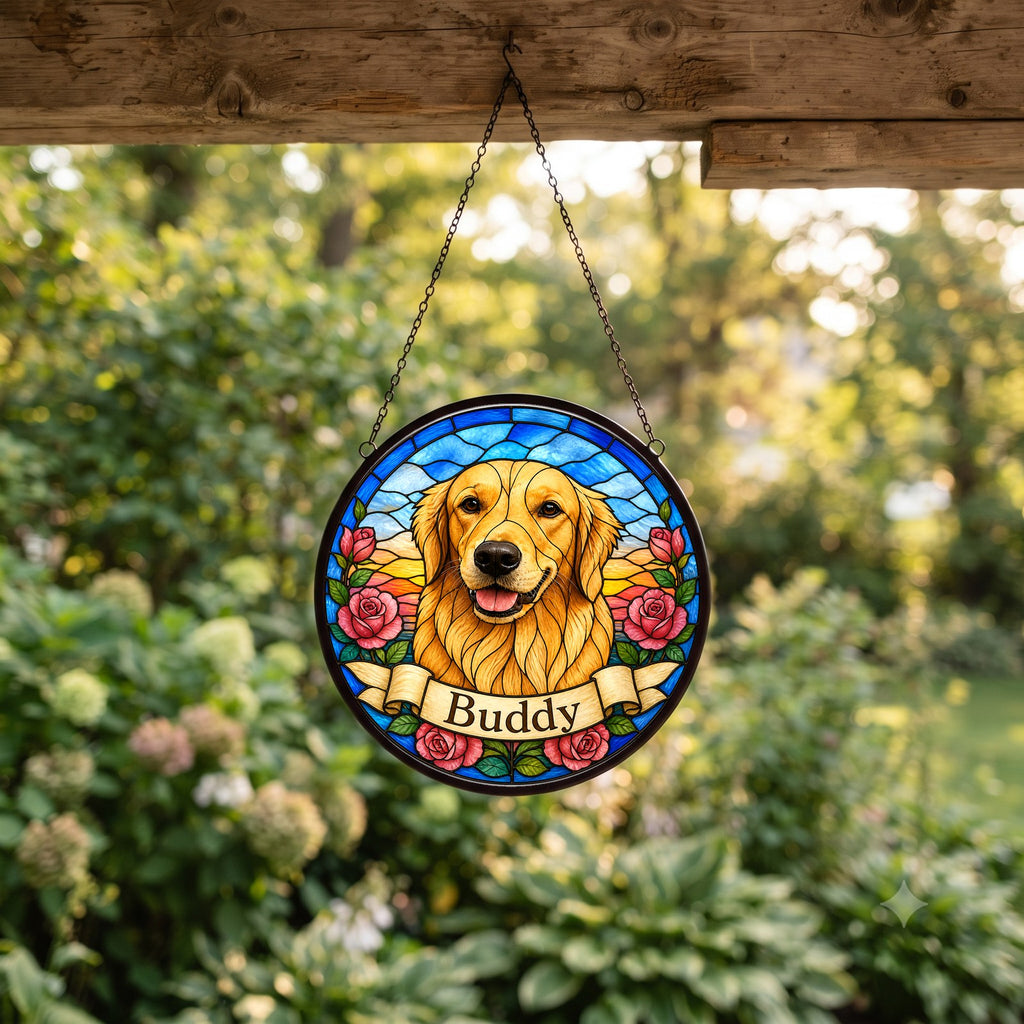 Custom Pet Portrait Suncatcher from Photo - Pink Roses
