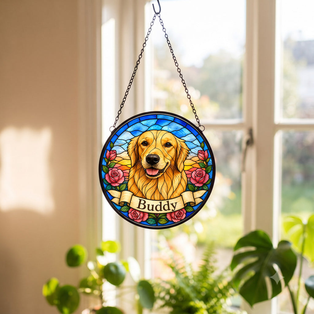 Custom Pet Portrait Suncatcher from Photo - Pink Roses