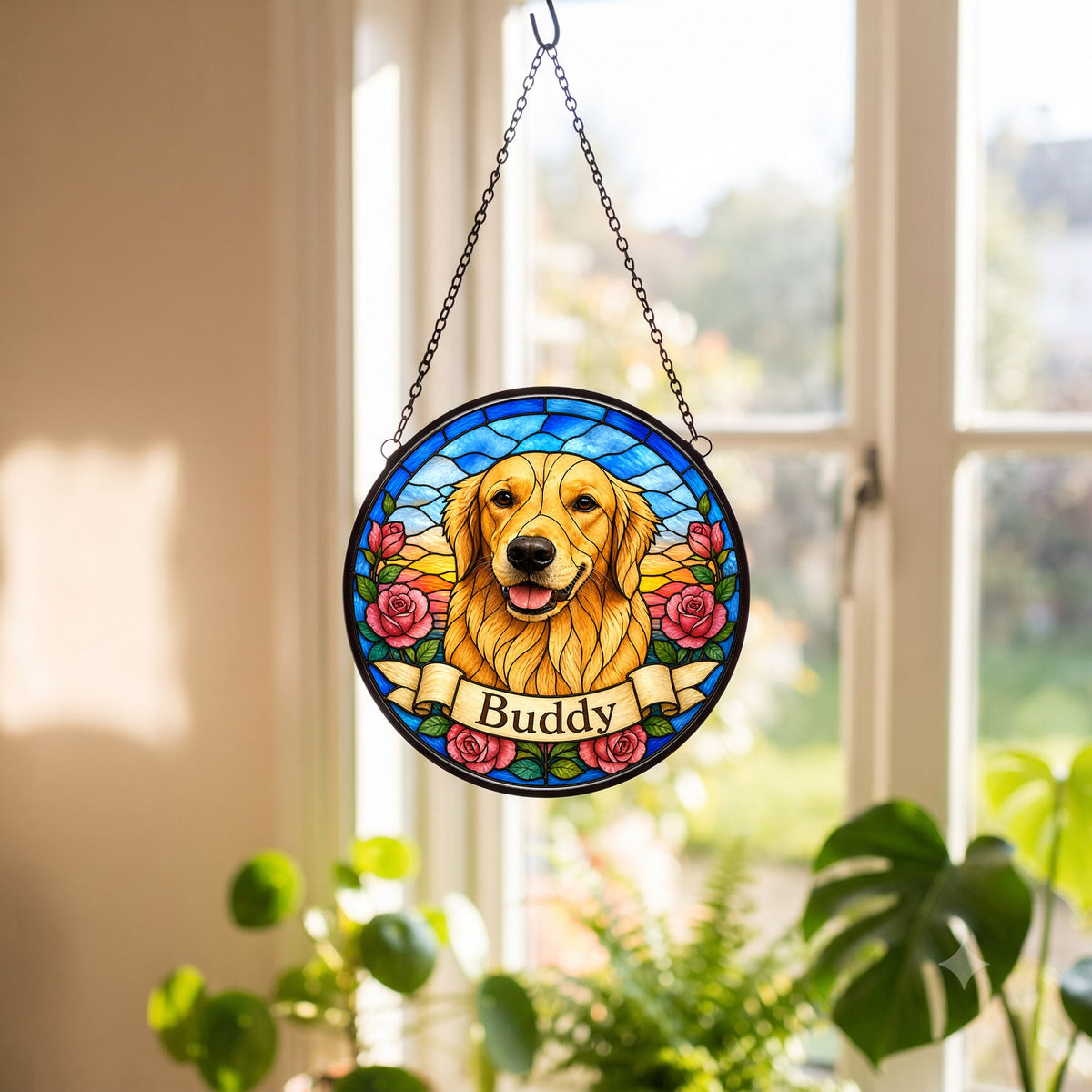 Custom Pet Portrait Suncatcher from Photo - Pink Roses